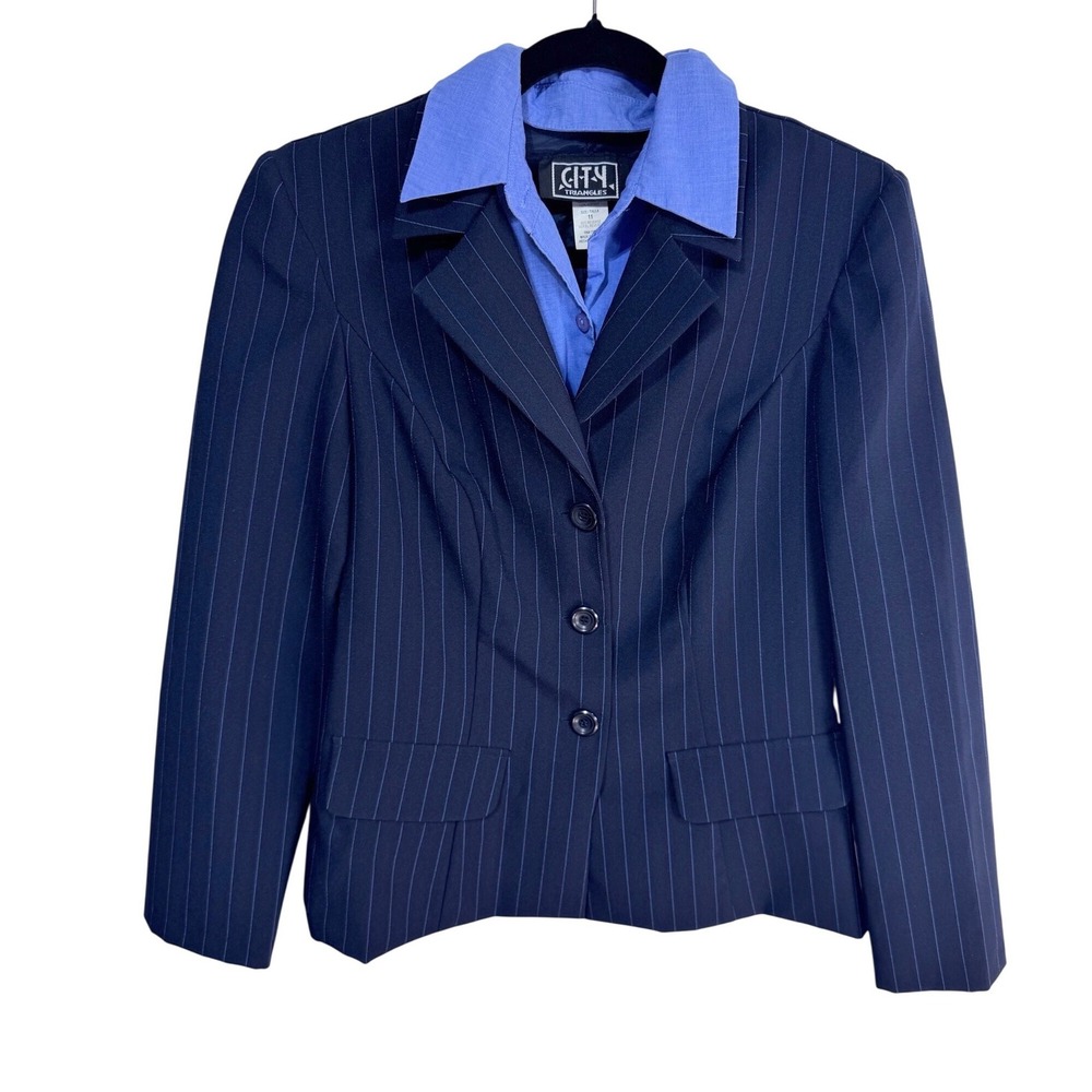City Triangles 11 Navy Pinstripe Blazer Women's Y2K Layered Look Office Vintage